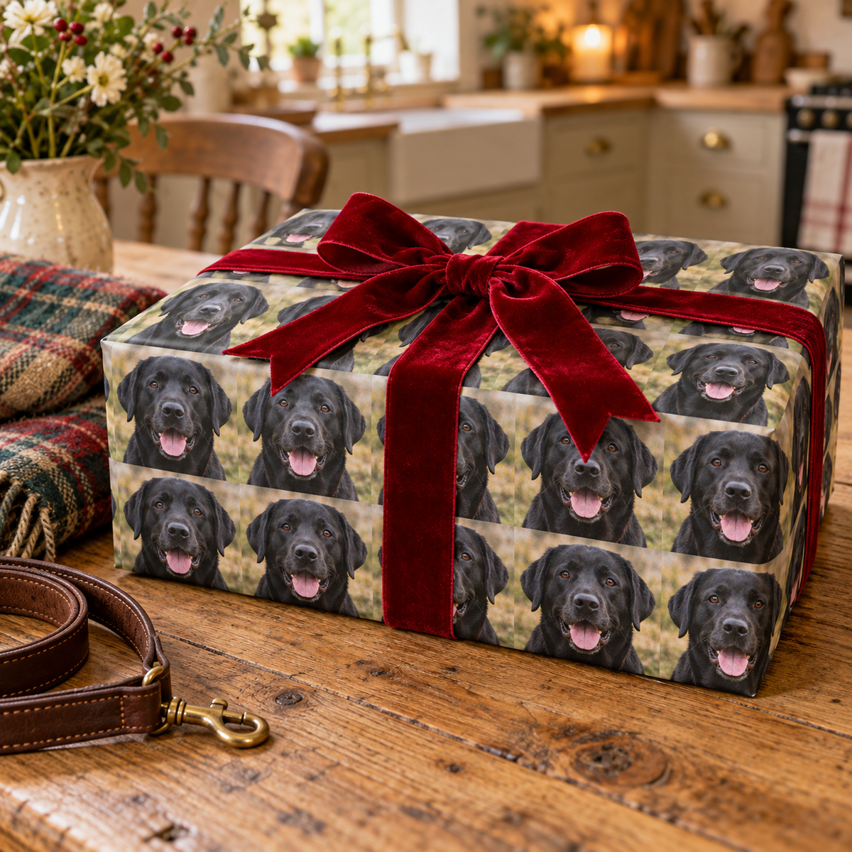 Gift wrapped in personalised photo wrapping paper repeating a black Labrador photo, tied with a red velvet bow