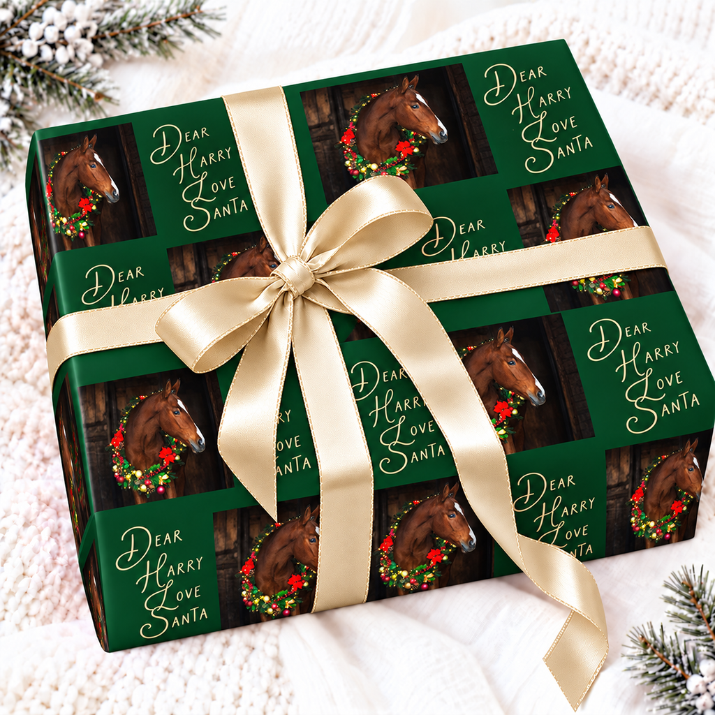 Personalised horse photo Christmas wrapping paper with a message on a forest green background