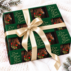 Personalised horse photo Christmas wrapping paper with a message on a forest green background