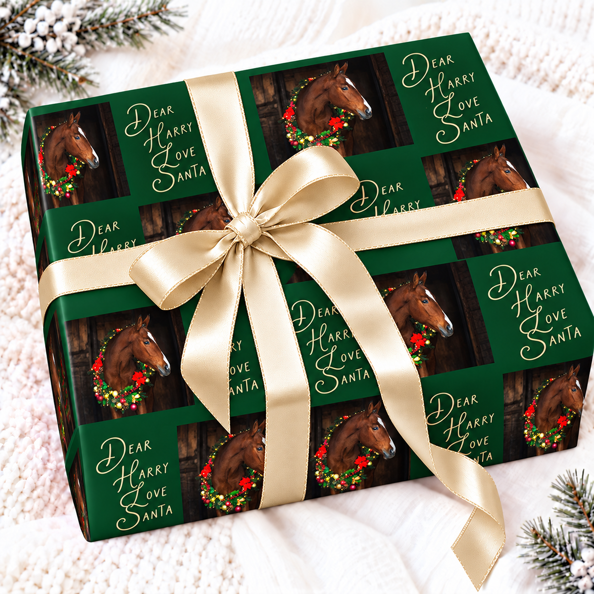 Personalised horse photo Christmas wrapping paper with a message on a forest green background