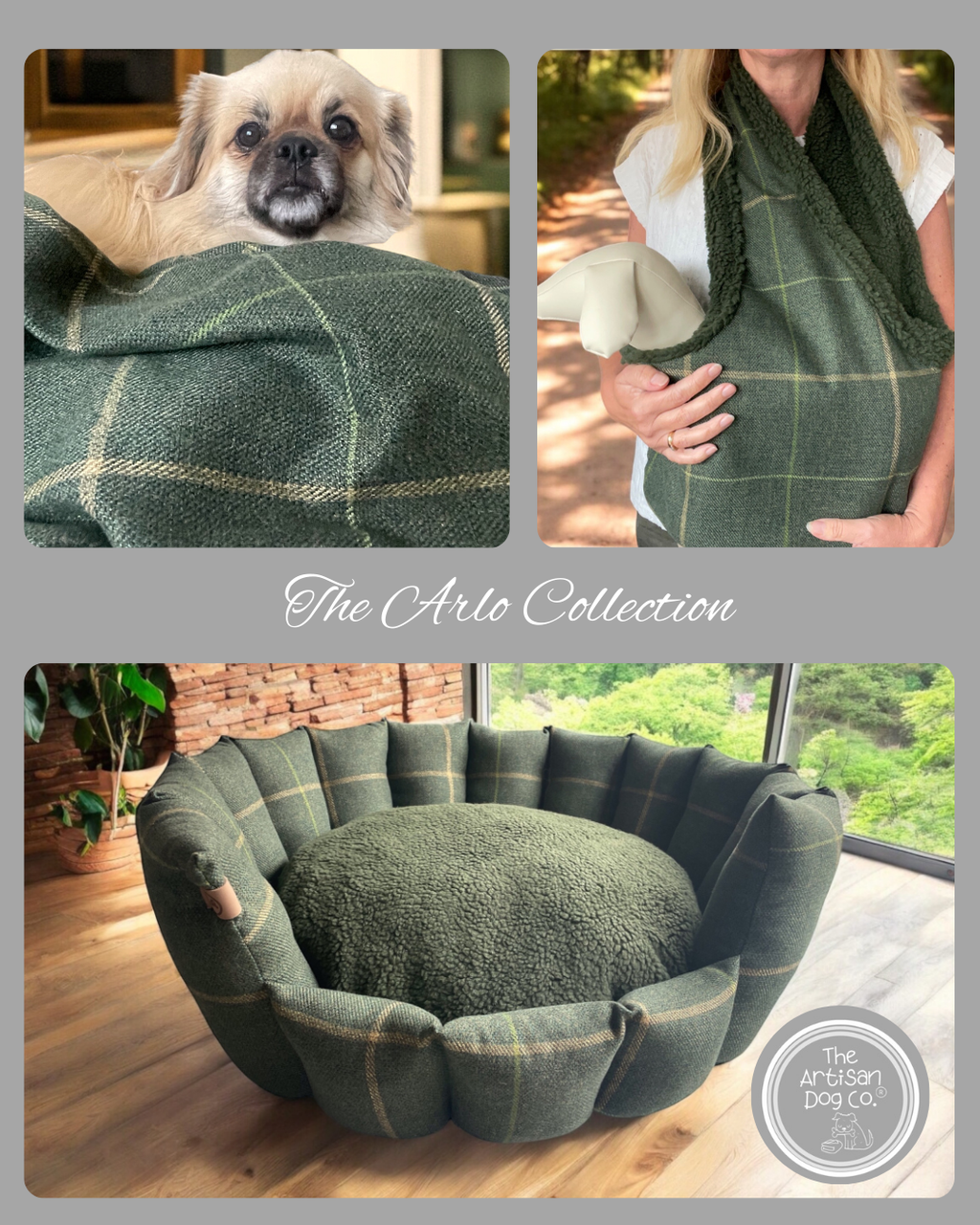 Arlo Forest Green Check Pet Blanket | Reversible Lambswool Sherpa | Handmade Luxury Dog Throw | Machine Washable UK