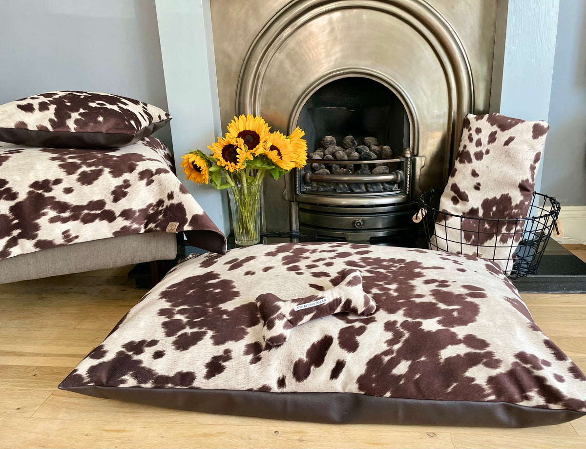 Luxury Faux Cowhide Dog Daybed with Removable Cover – Handmade in Devon