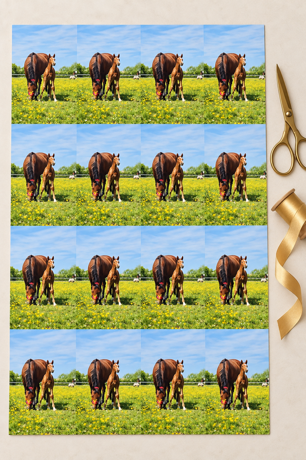 Flat sheet of personalised photo wrapping paper with a mare and foal photo repeated in a tiled pattern
