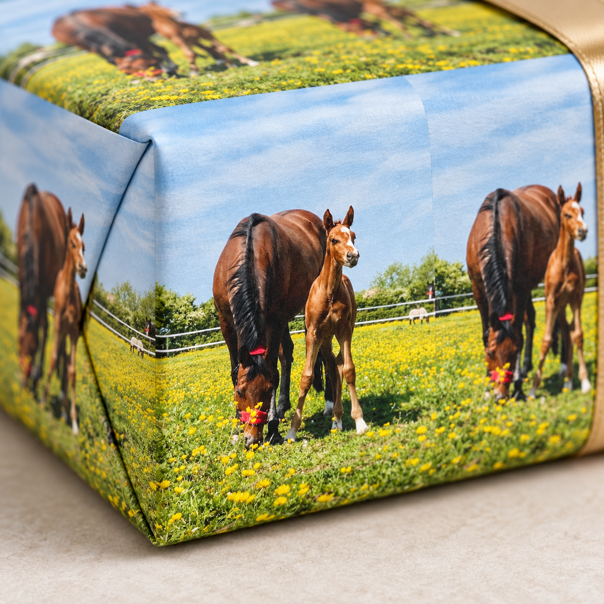 Close-up of matte personalised horse photo gift wrap showing print detail