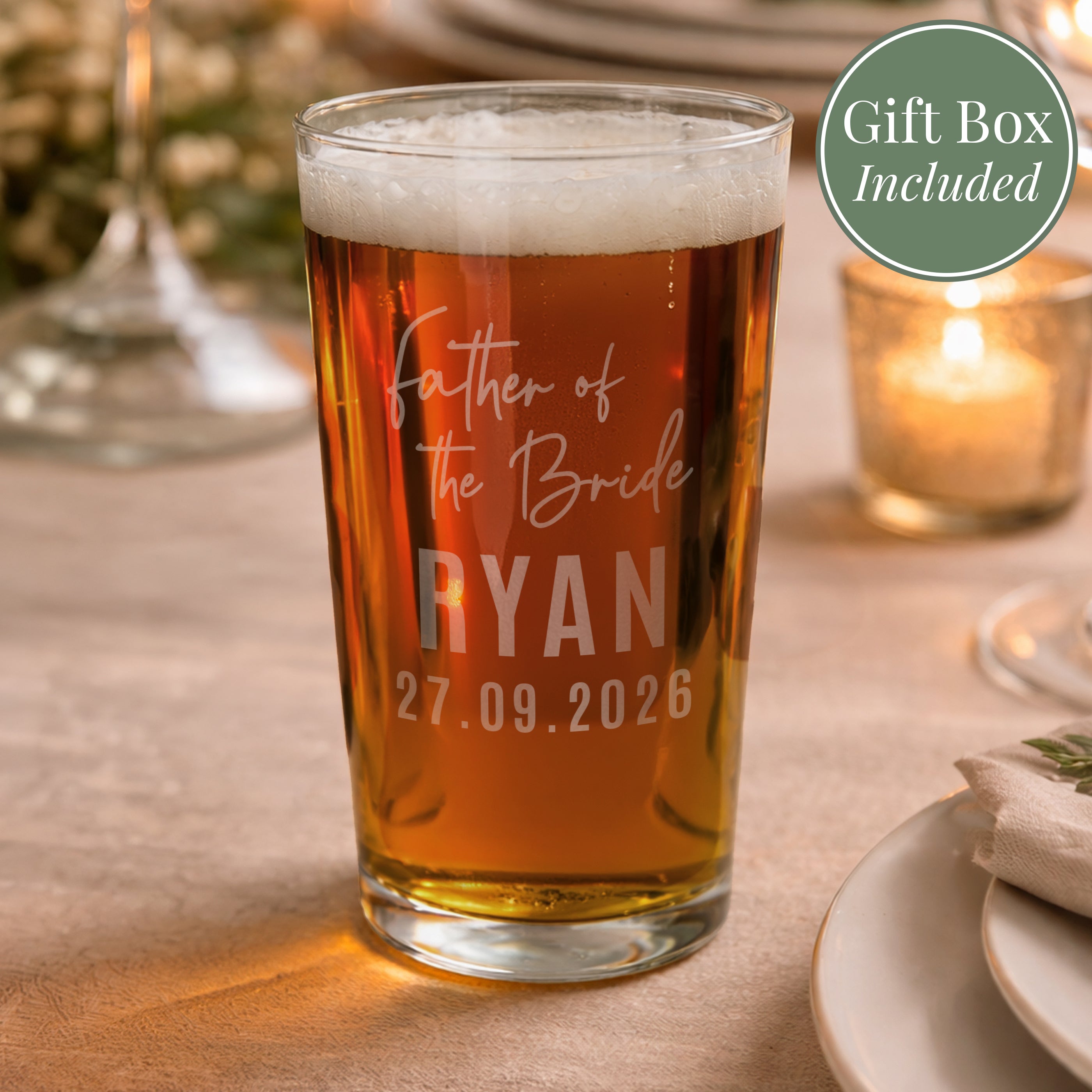 Personalised Father of the Bride Elegant Pint Glass