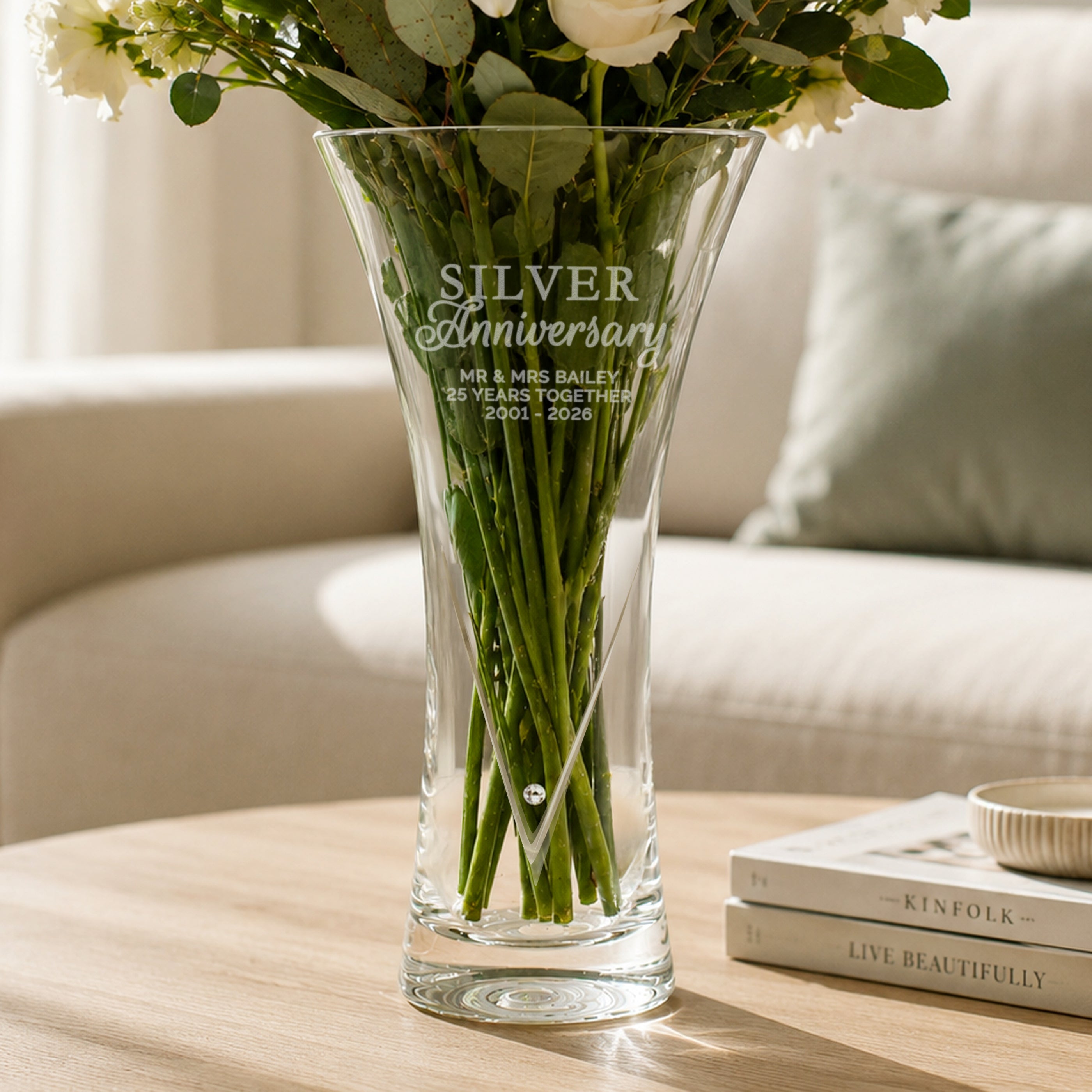 Personalised Silver Anniversary Large Hand Cut Diamond Effect Heart Vase