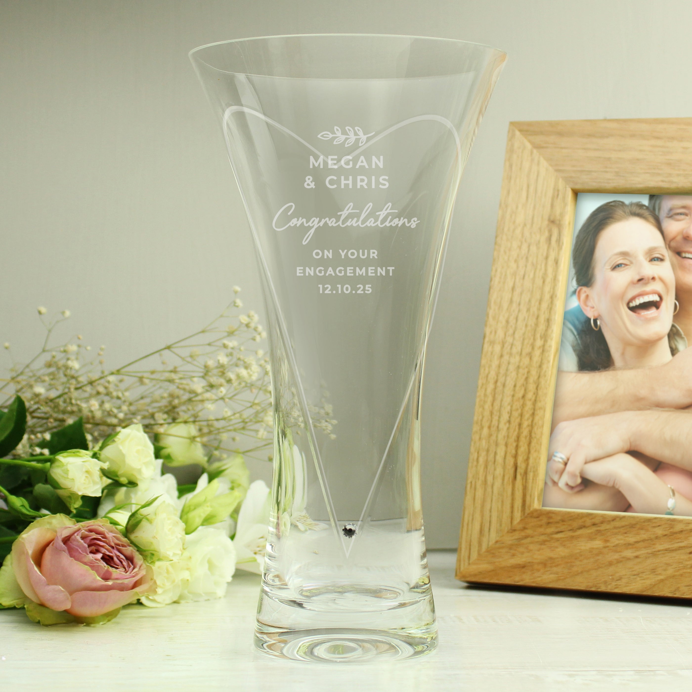Personalised Leaf Motif Hand Cut Diamond Effect Heart Vase