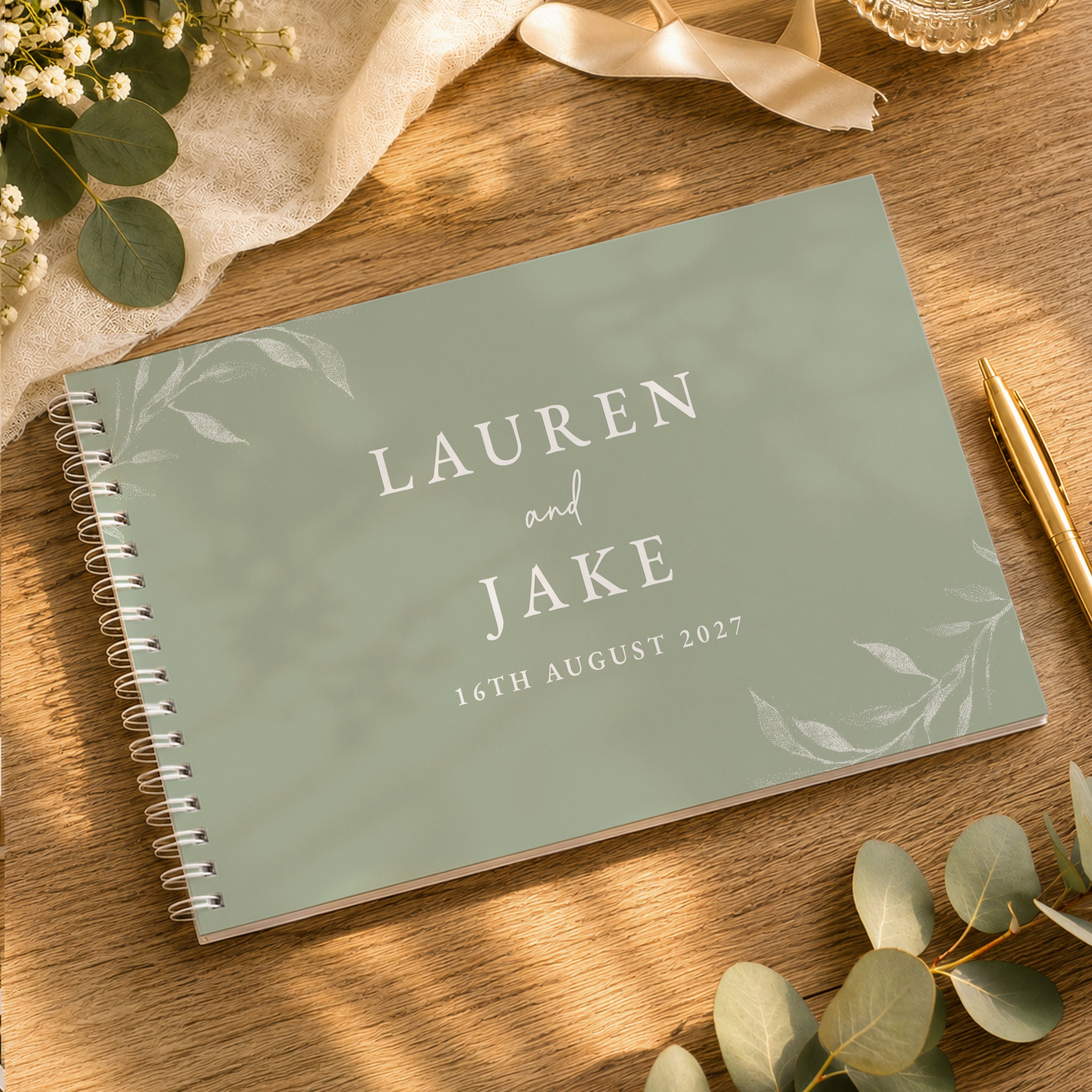Personalised Botanical Sage Green Wedding Guest Book