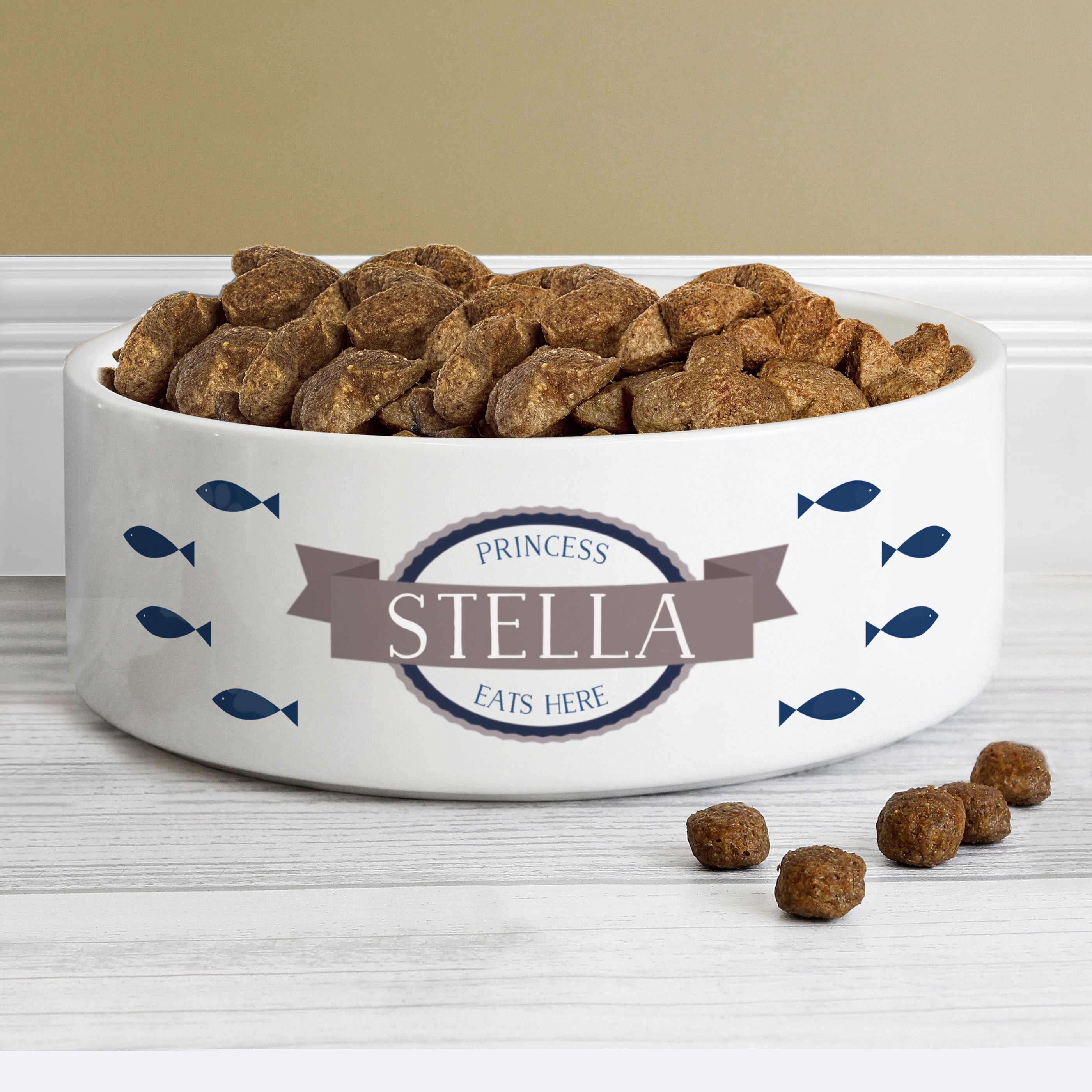 Personalised Blue Fish 15cm Medium White Pet Bowl