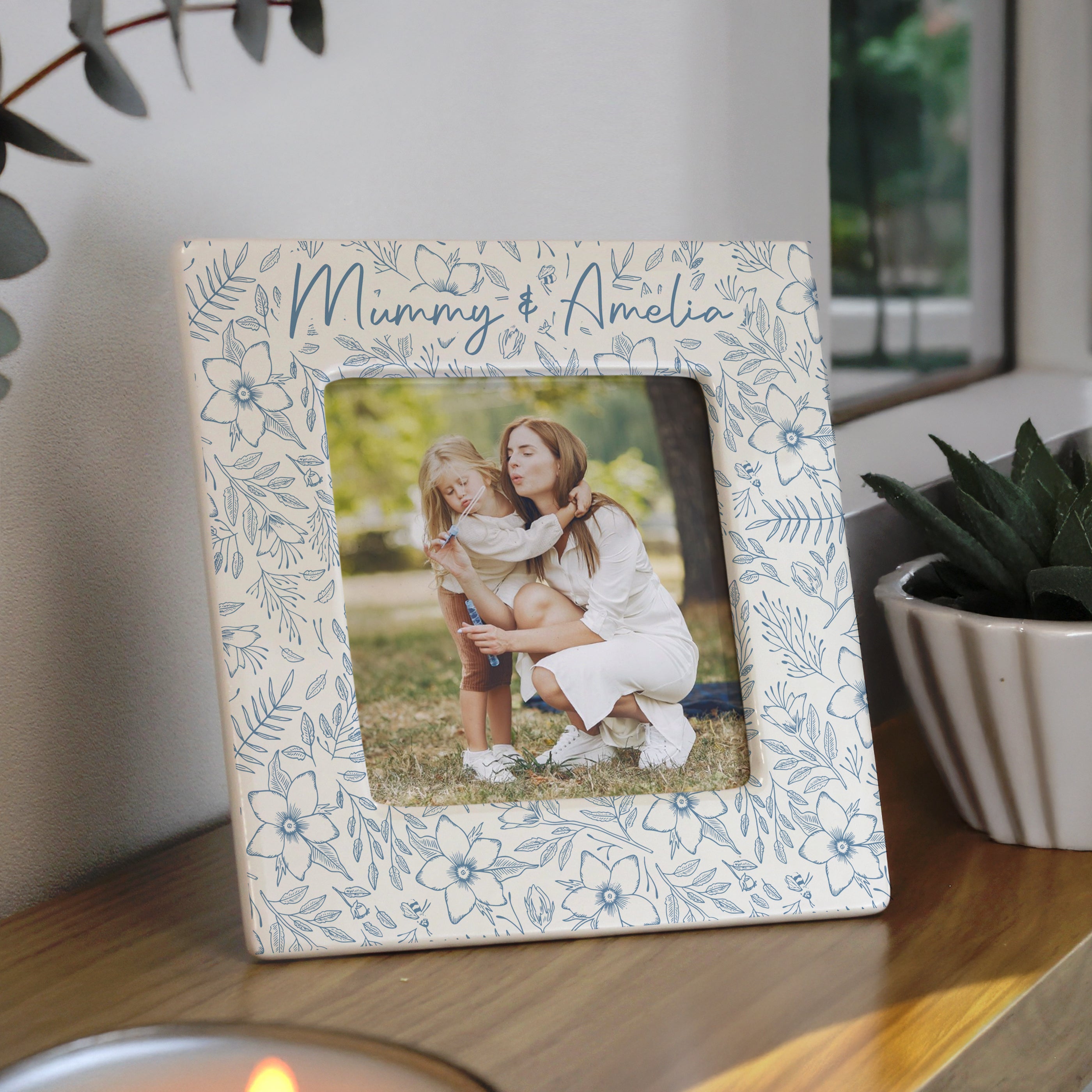 Personalised Blue Floral Ceramic 4x4 Frame