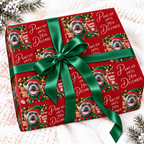 Personalised Christmas wrapping paper with a dog photo in an elf hat and a festive message