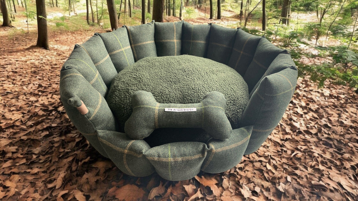 Luxury Forest Green Check Dog Bed with Removable Cushion – Handmade in Devon
