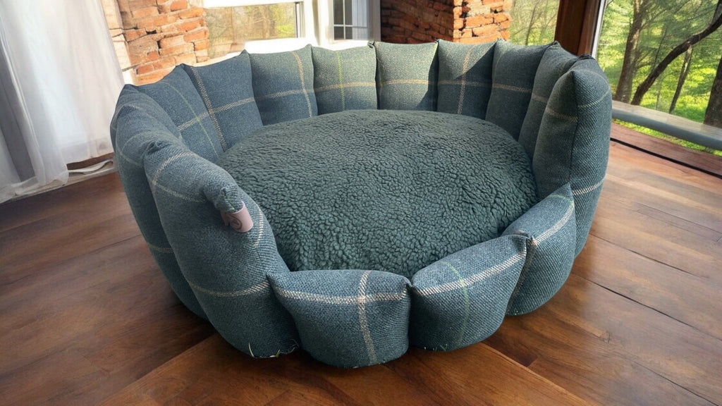 Luxury Forest Green Check Dog Bed with Removable Cushion – Handmade in Devon