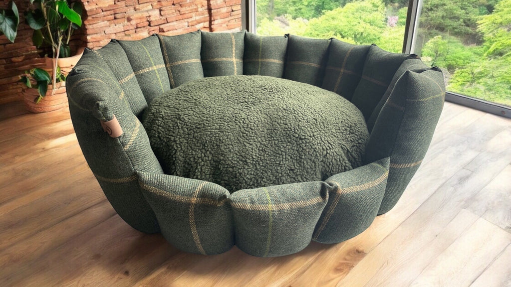 Luxury Forest Green Check Dog Bed with Removable Cushion – Handmade in Devon