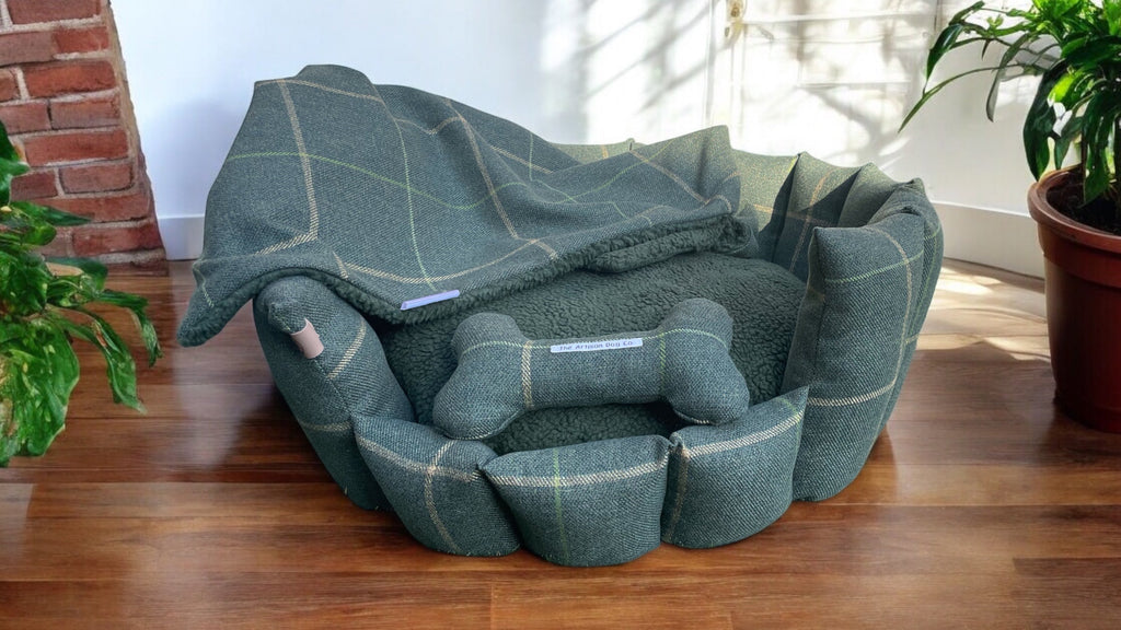 Luxury Forest Green Check Dog Bed with Removable Cushion – Handmade in Devon