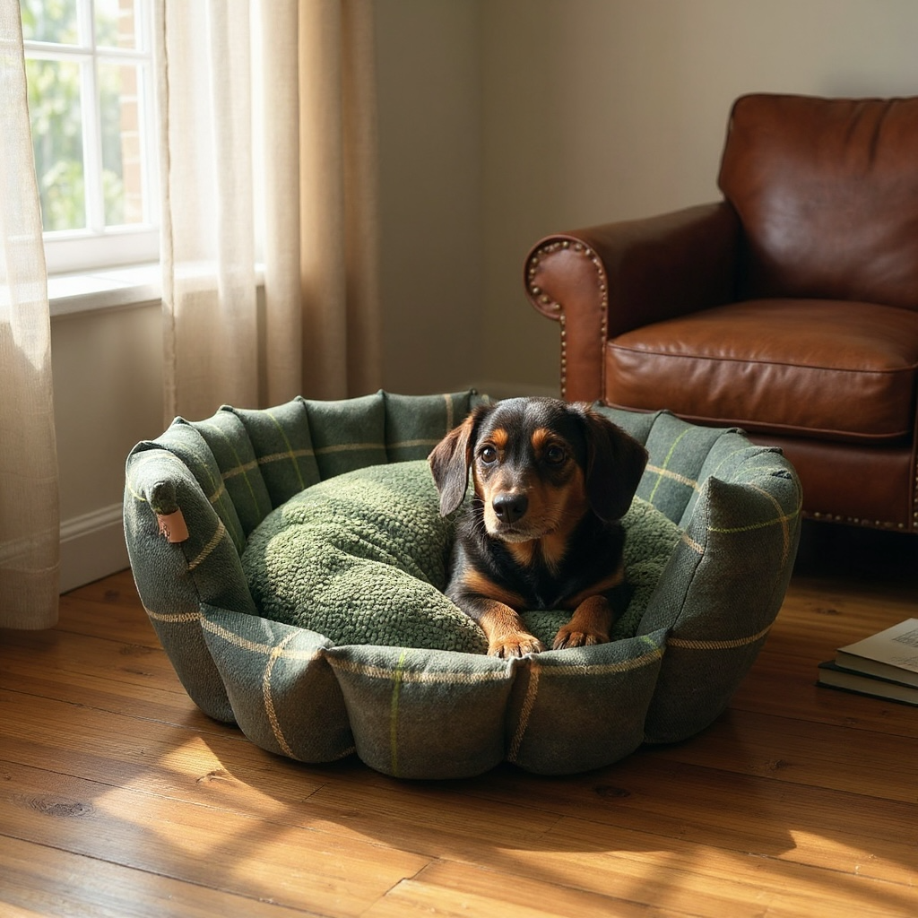Luxury Forest Green Check Dog Bed with Removable Cushion – Handmade in Devon