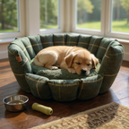 Luxury Forest Green Check Dog Bed with Removable Cushion – Handmade in Devon