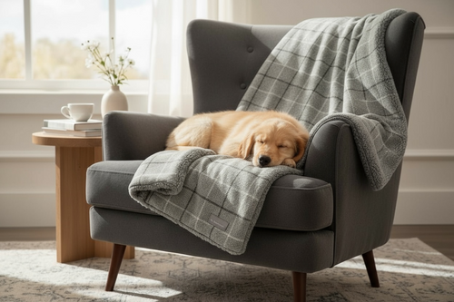Harris Grey Check Pet Blanket | Reversible Sherpa Fleece | Handmade Luxury Dog Throw | Customisable UK