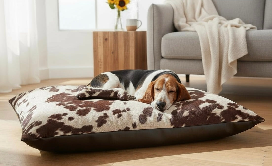 Luxury Faux Cowhide Dog Daybed with Removable Cover – Handmade in Devon
