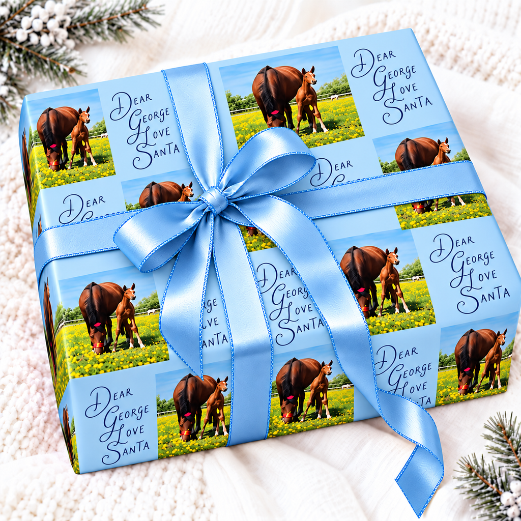 Gift wrapped in personalised horse photo and message wrapping paper on a powder blue background