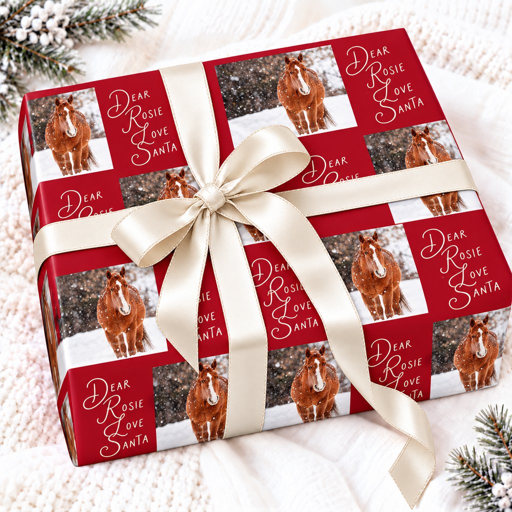 Personalised horse photo wrapping paper with the name Rosie on a cranberry background