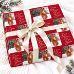 Personalised horse photo wrapping paper with the name Rosie on a cranberry background