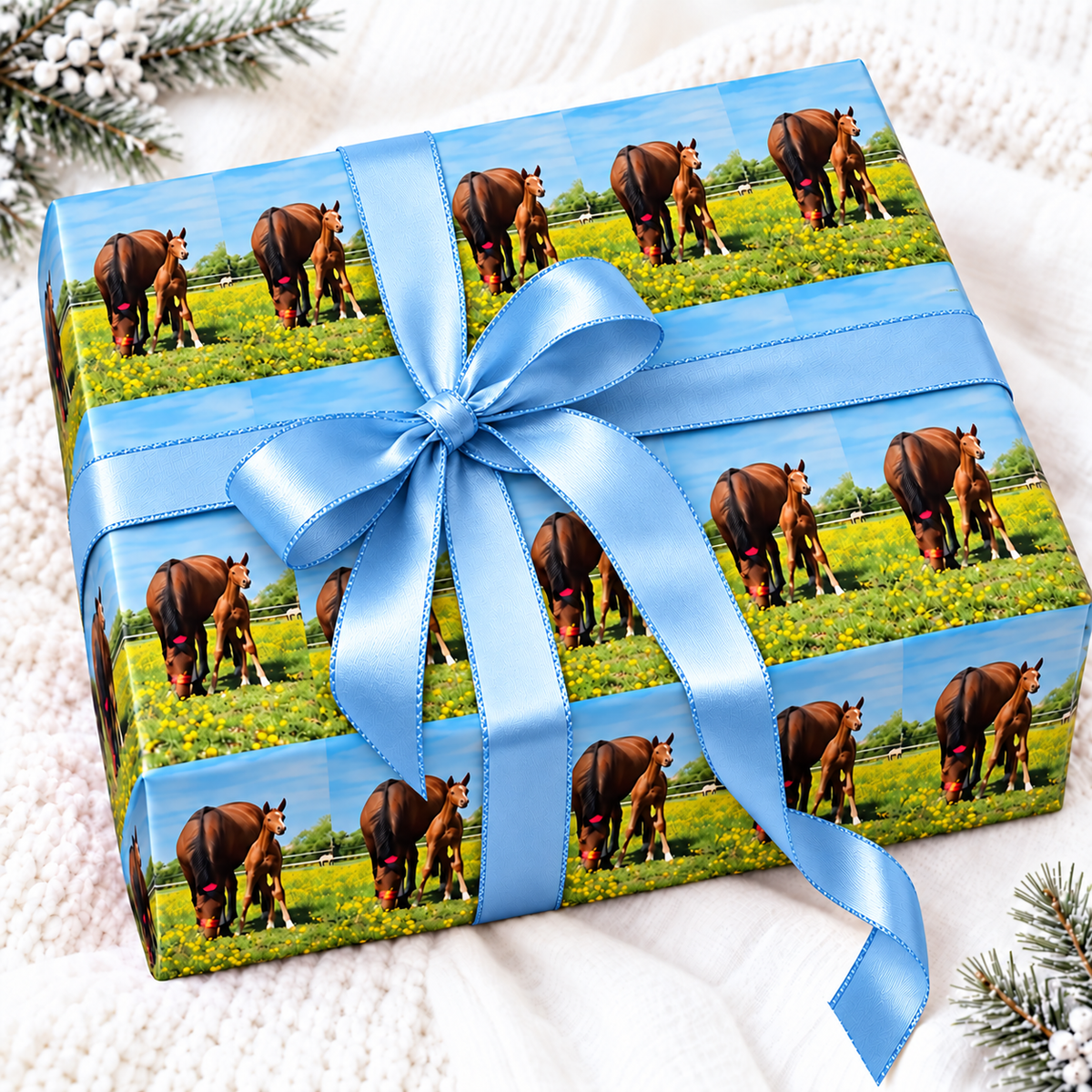 Gift box wrapped in personalised photo wrapping paper repeating a mare and foal photo, tied with a satin ribbon
