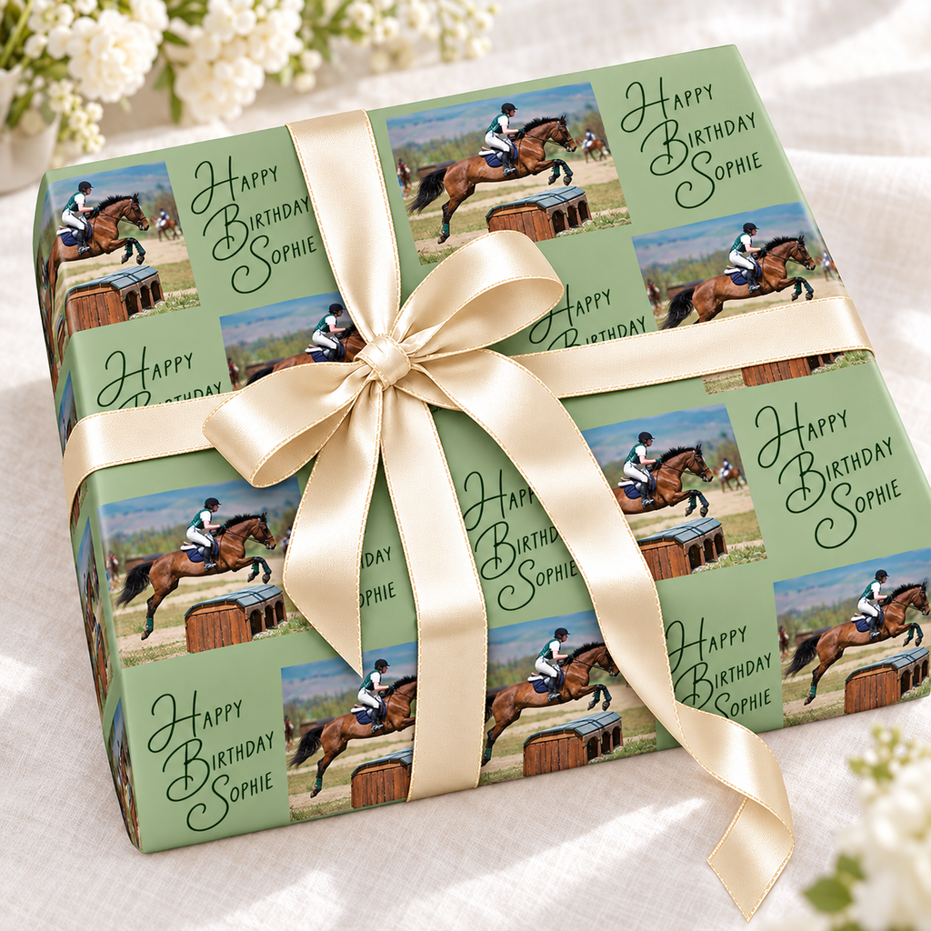 Personalised birthday wrapping paper with a show-jumping horse photo and the name Sophie