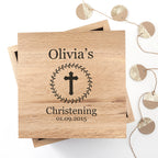 Christening Cross Oak Photo Keepsake Box with Leaf Frame