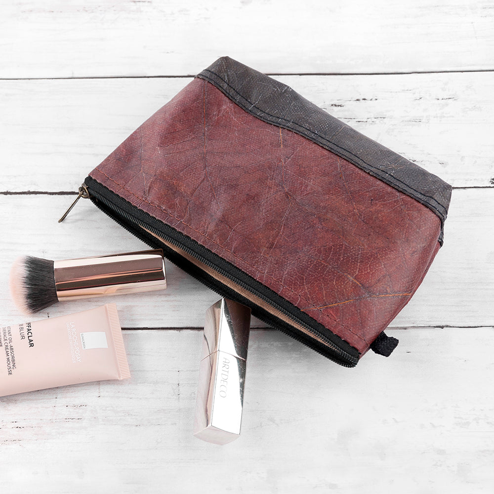 Leaf Leather Small Cosmetic Bag - Black Bottom Edge