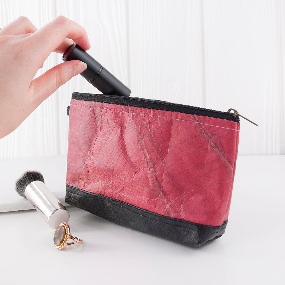 Leaf Leather Small Cosmetic Bag - Black Bottom Edge