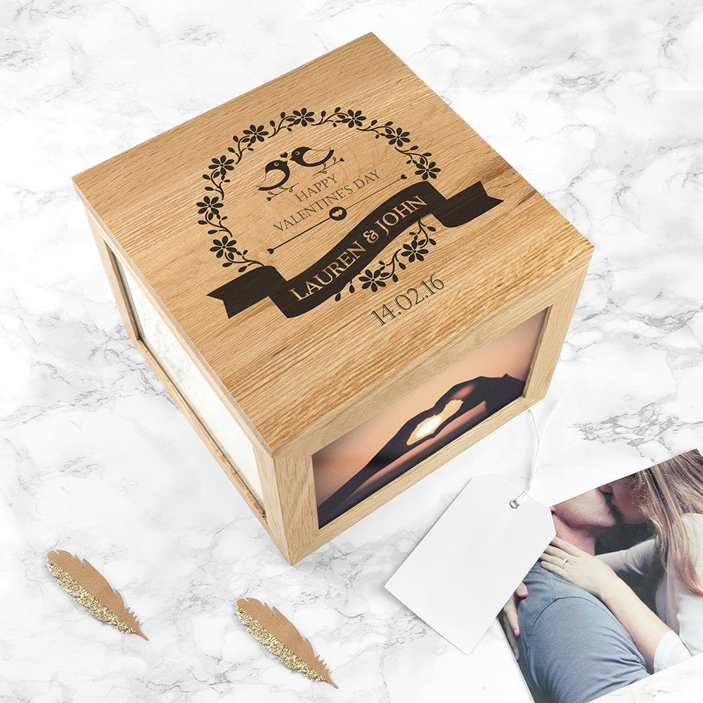 Love Birds' Oak Photo Keepsake Box
