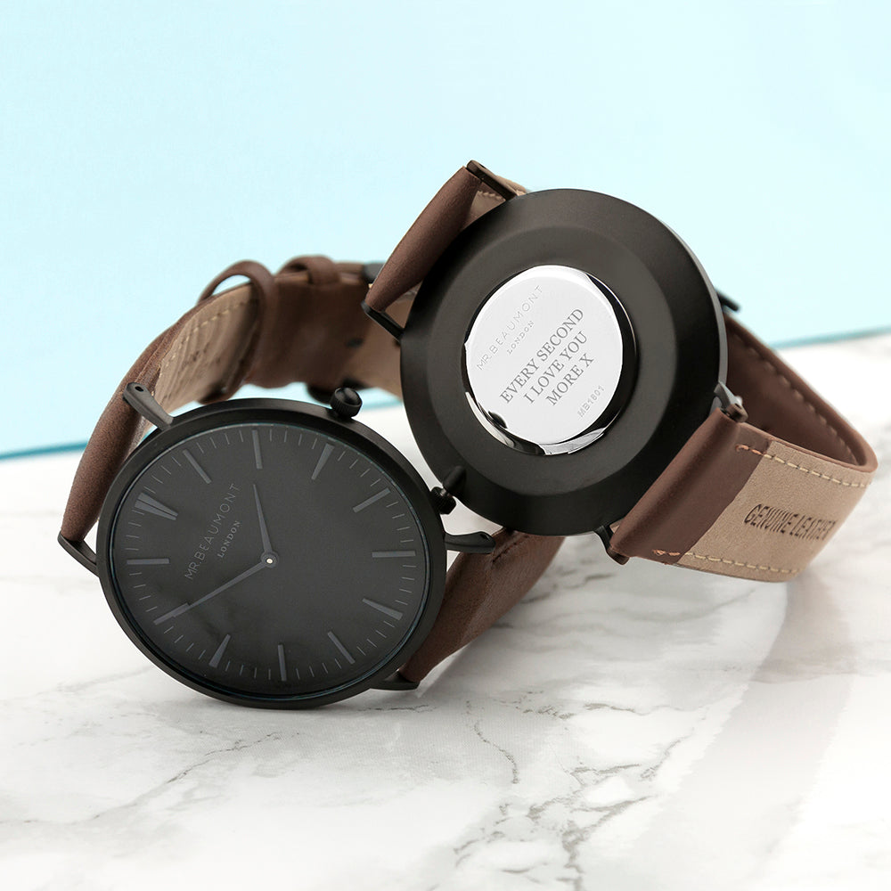 Men's Modern-Vintage Personalised Watch With Black Face in Brown