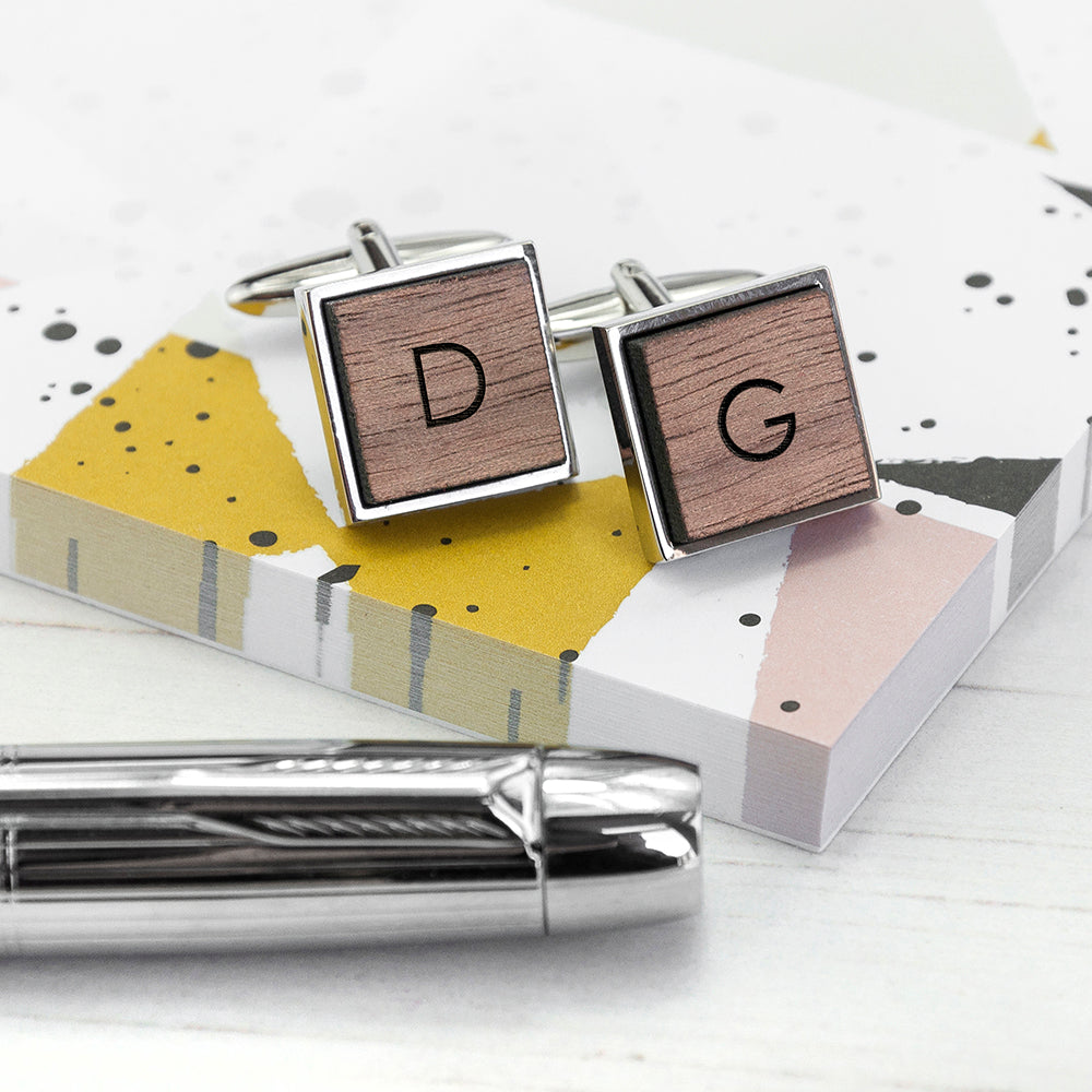 Monogram Engraved Square Walnut Cufflinks