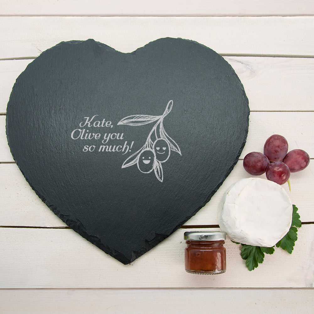 Personalised Olive You So Much Punny Heart Slate Cheese Board