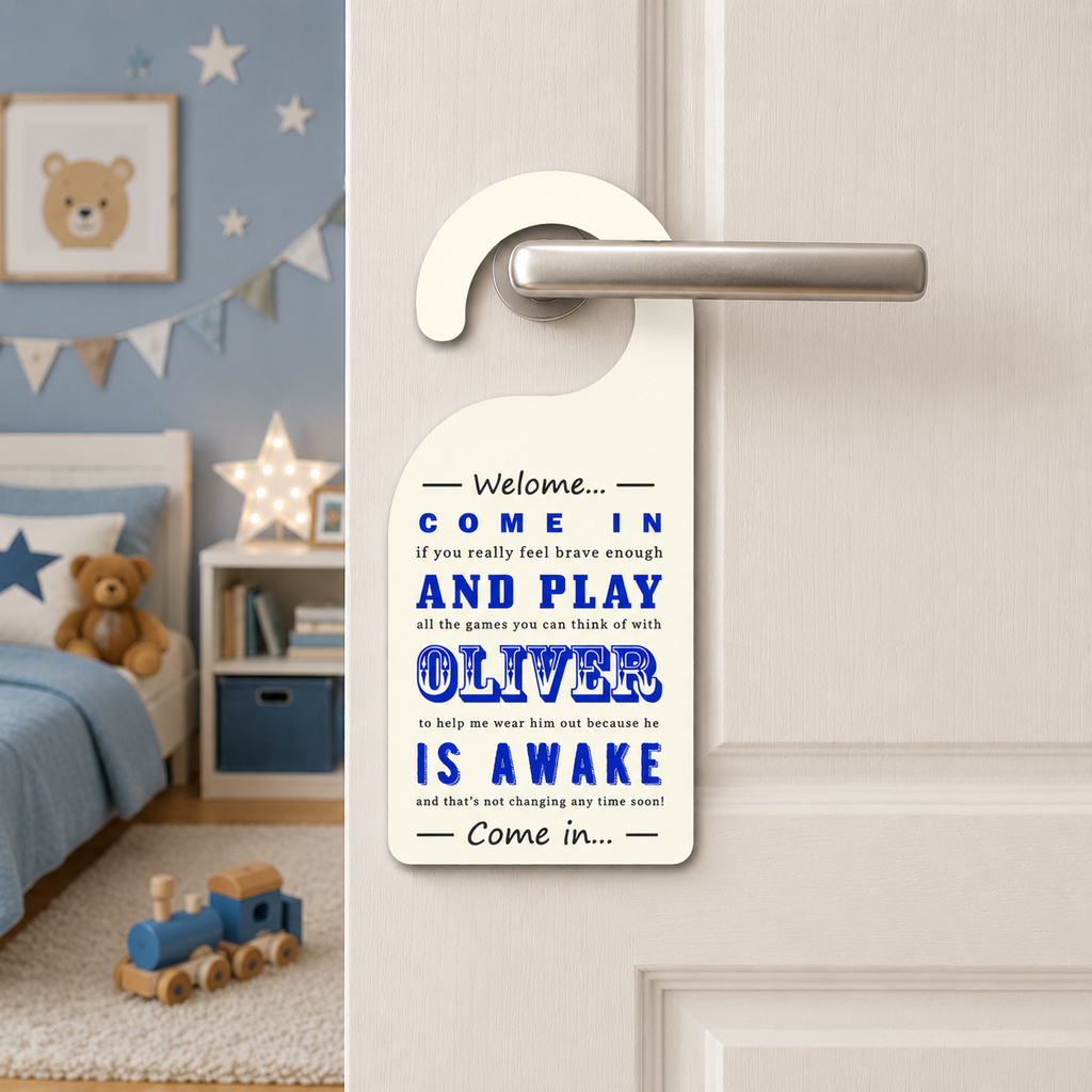 Personalised Baby Door Hanger in Blue