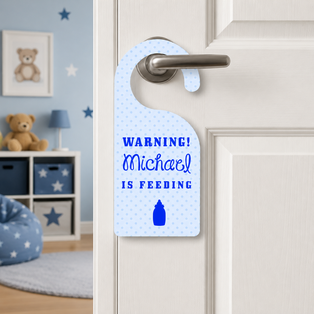 Personalised Baby Warning Door Hanger in Blue