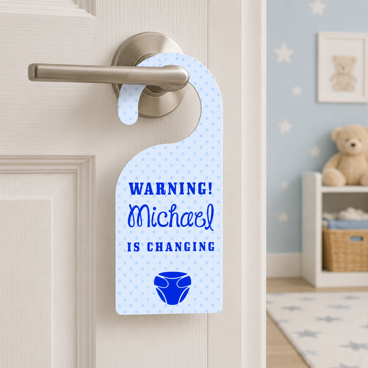 Personalised Baby Warning Door Hanger in Blue