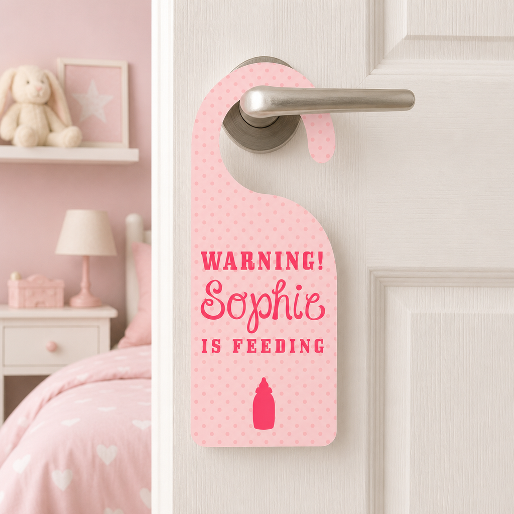 Personalised Baby Warning Door Hanger in Pink
