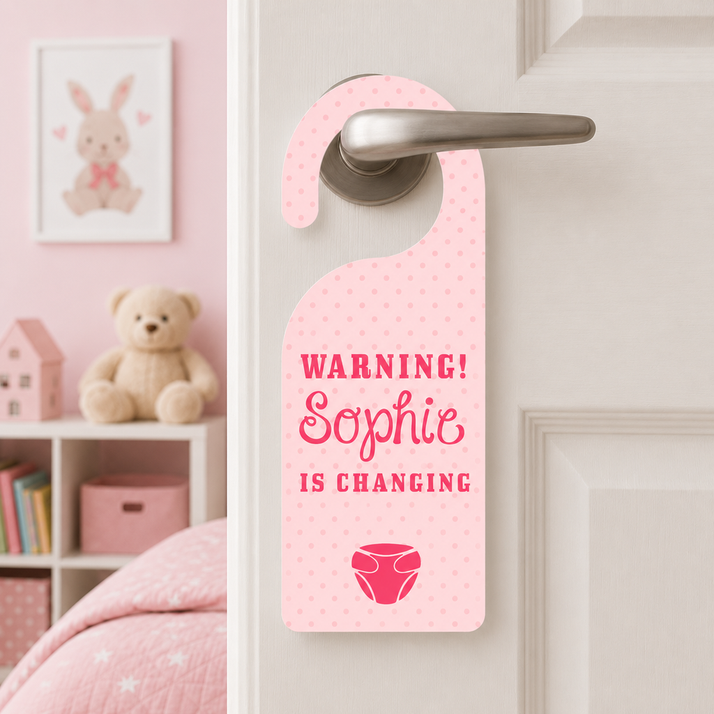 Personalised Baby Warning Door Hanger in Pink