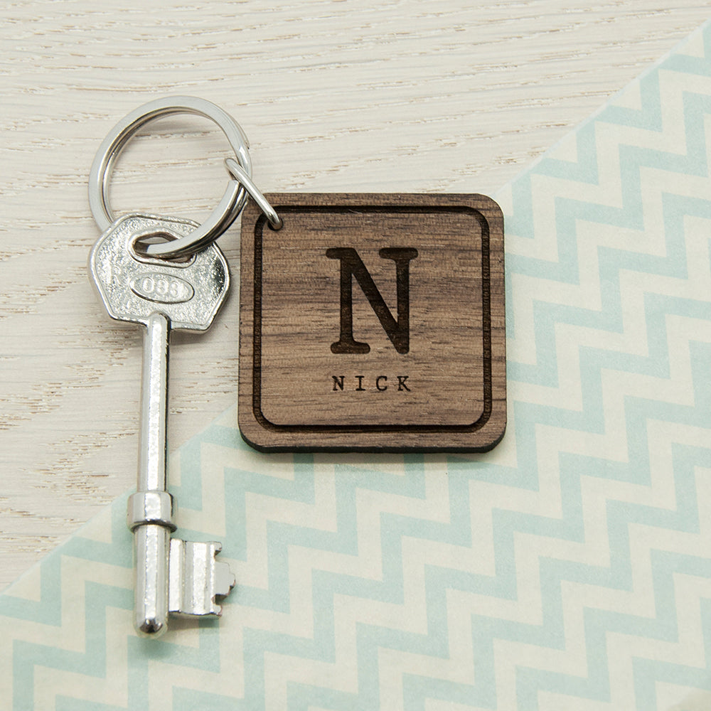 Square Wooden Key Ring - Initial and Name