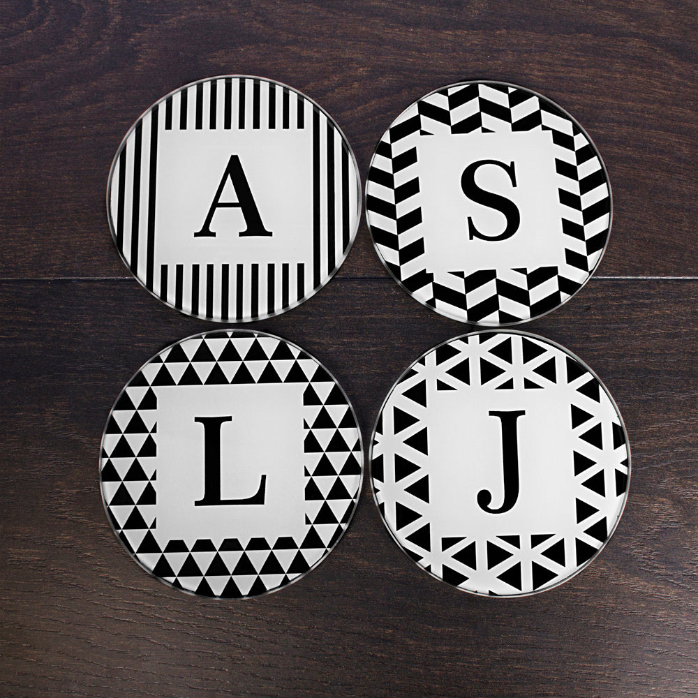 Set of Four Glass Coasters - Black & White Design