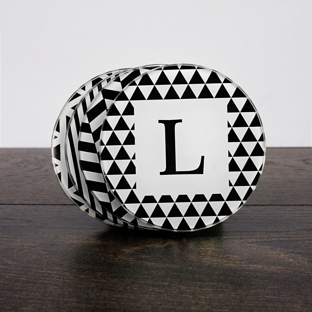 Set of Four Glass Coasters - Black & White Design