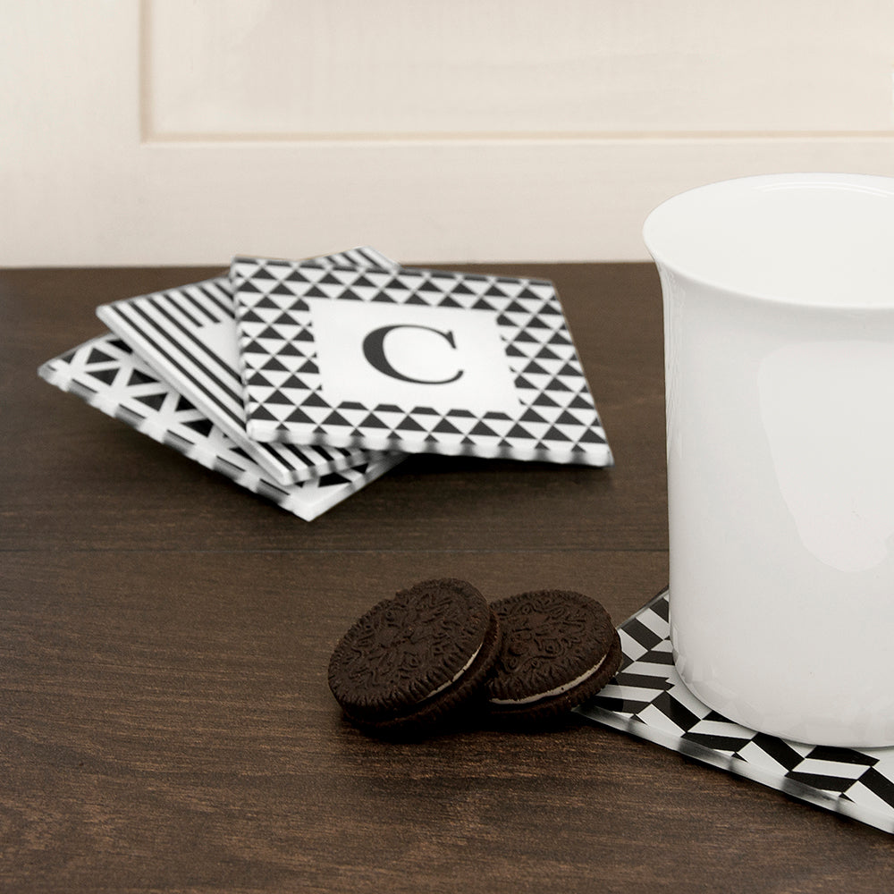 Set of Four Glass Coasters - Black & White Design