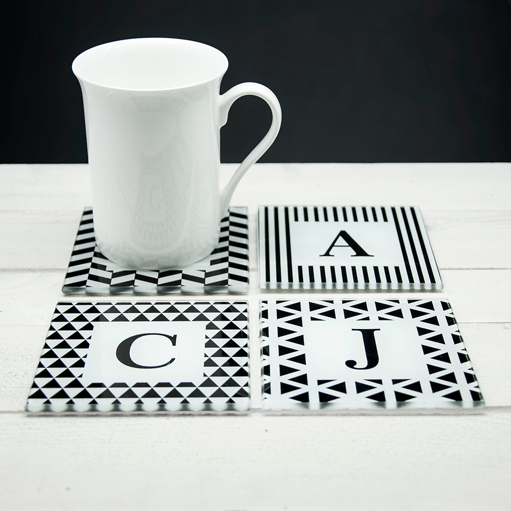 Set of Four Glass Coasters - Black & White Design