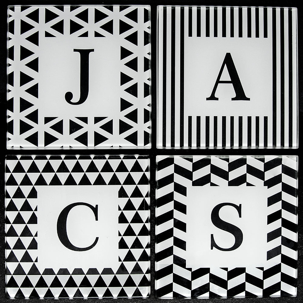 Set of Four Glass Coasters - Black & White Design