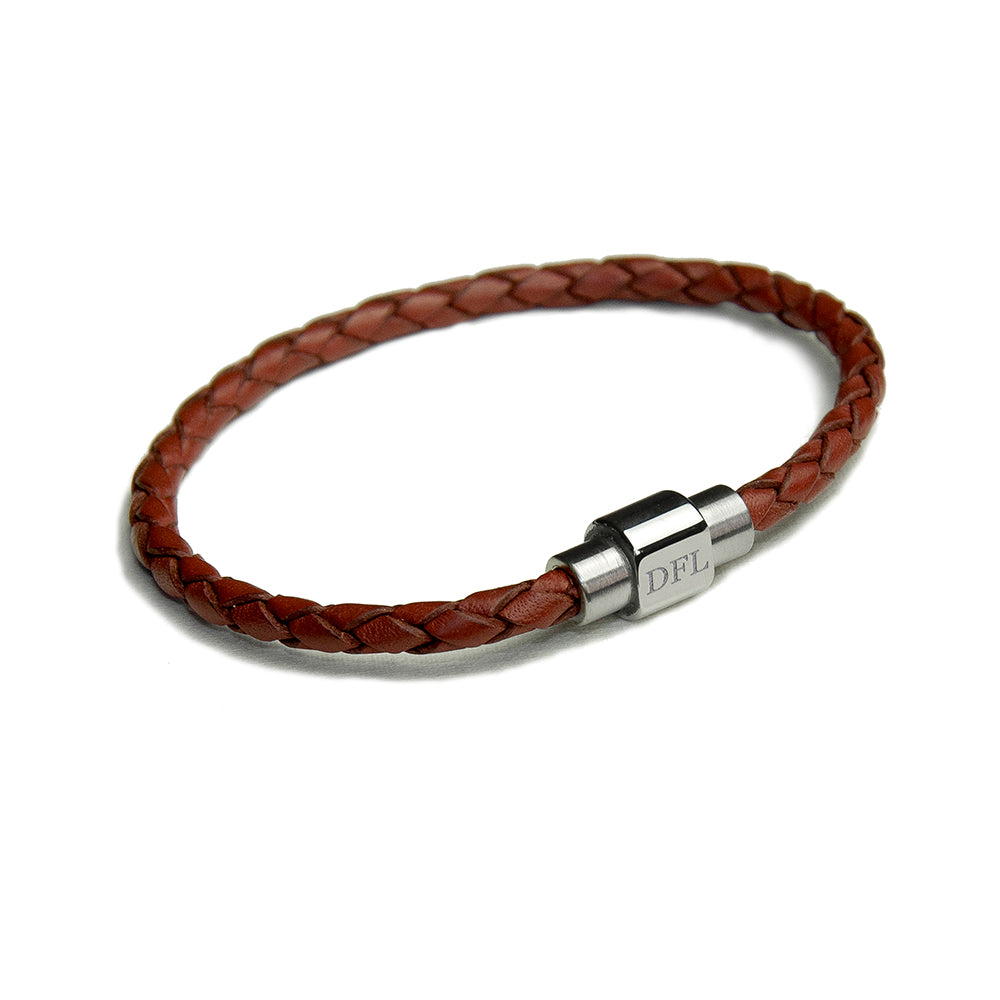 Personalised Men's Woven Leather Bracelet in Burnt Sienna