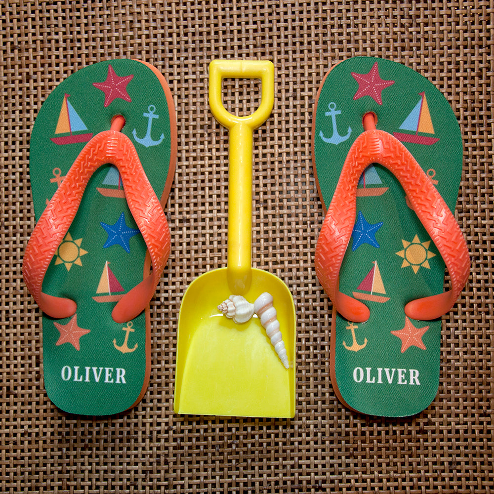 All The Fun At The Beach Child's Personalised Flip Flops In Green