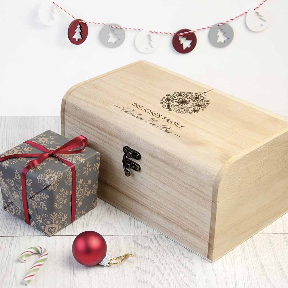 Personalised Family Christmas Eve Chest With Decorative Bauble Design