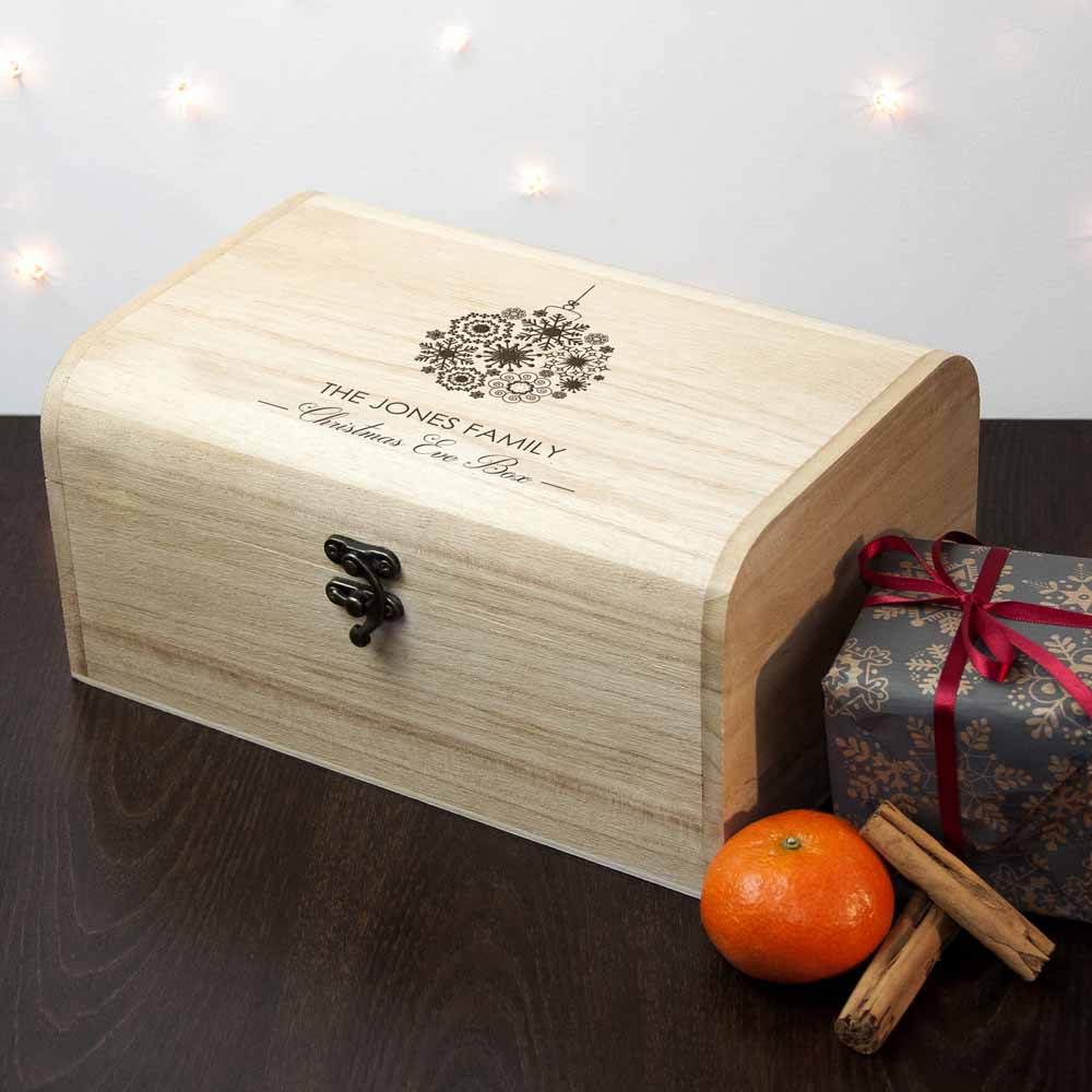 Personalised Family Christmas Eve Chest With Decorative Bauble Design
